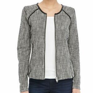 Maison Scotch Black & White Boucle Zipper Roundneck Long Sleeve Straight Hem Swe